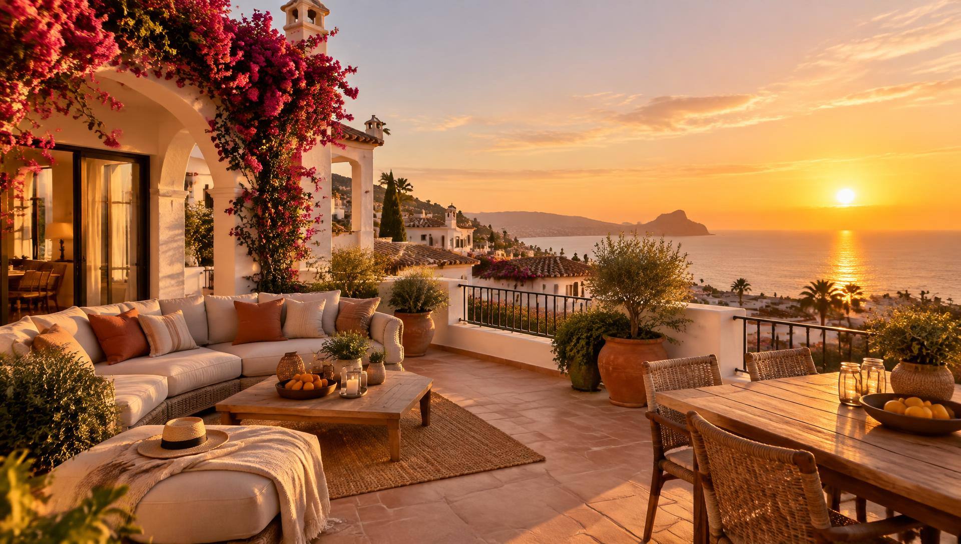 Terrasse d'un appartement en bord de mer en Espagne au coucher du soleil